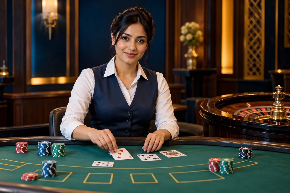 AmunRa India live casino guide illustration: an adult dealer with cards and chips at green felt, with a roulette wheel alongside.