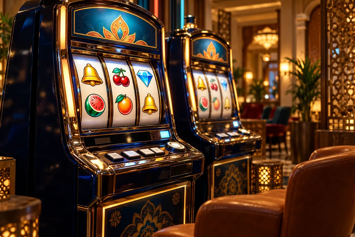 AmunRa India slots guide illustration: two unbranded slot cabinets with fruit, bell and diamond symbols.